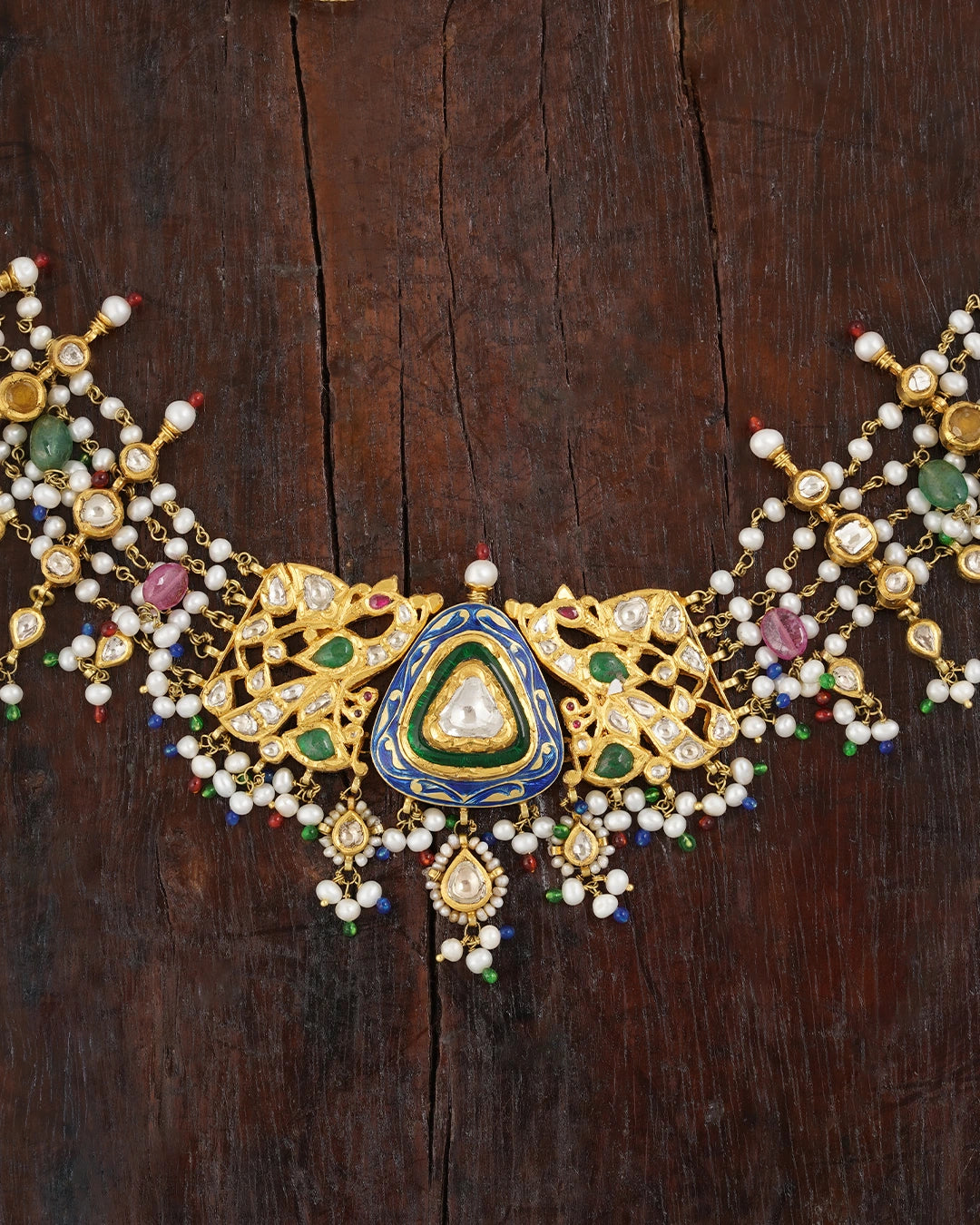 gold polki enamel and pearl indian necklace