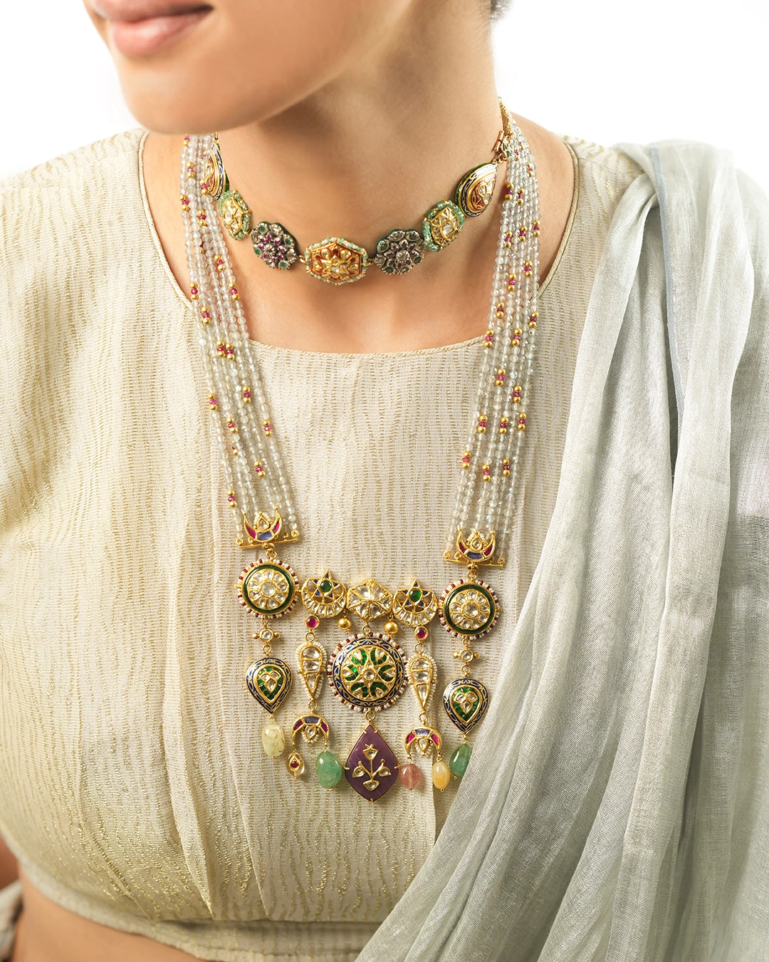 gold polki enamel and multi-gemstone indian necklace for women