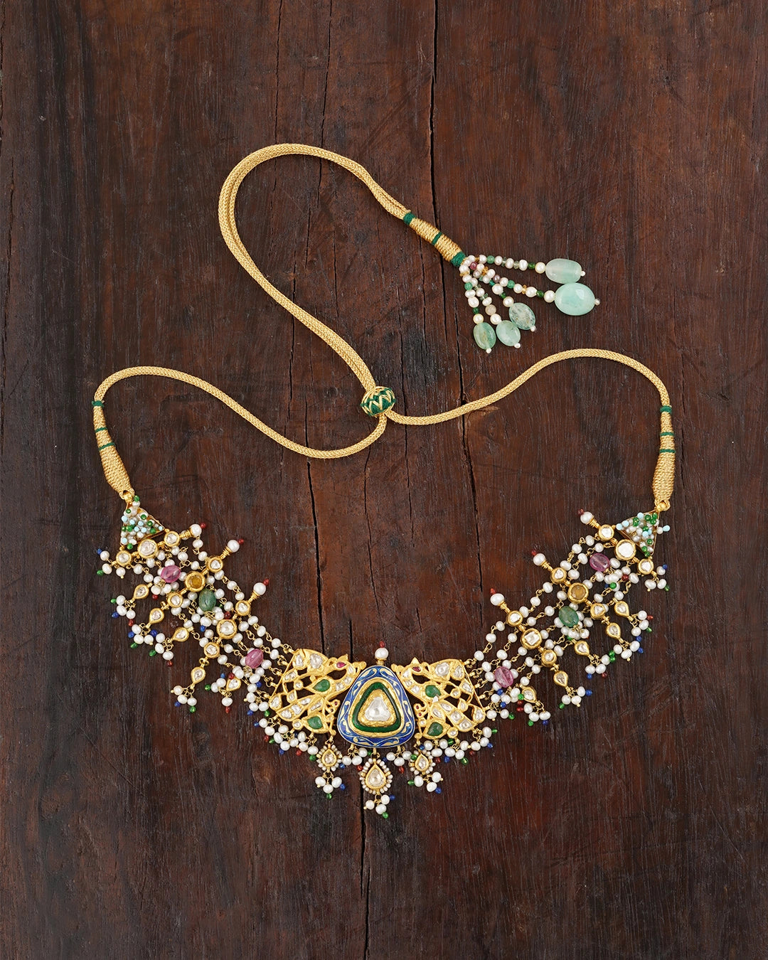 gold polki enamel and pearl indian necklace