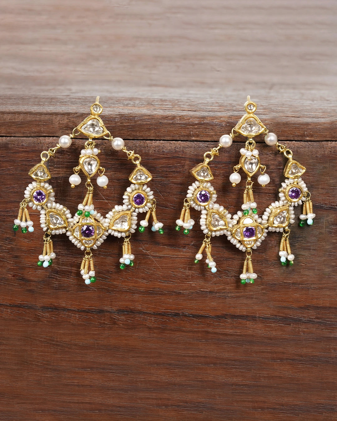 gold polki and purple amethyst chaanbali earrings