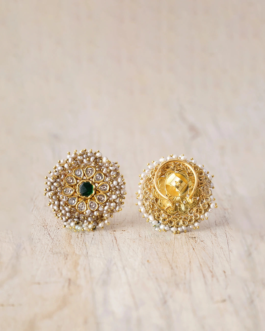 gold polki and pearl ear studs